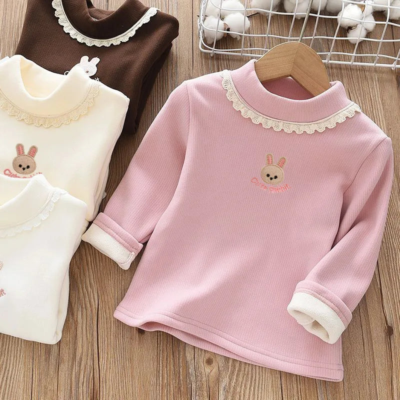 New Autumn Kids Fleece Padded Shirts Cute Embroidery Rabbit Girls Thicken Blouse Versatile Warm Children Lace Tops 1-9T Girls