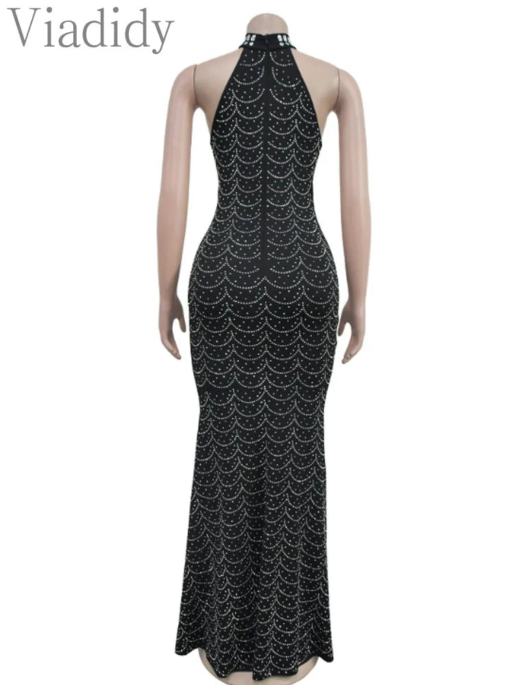 Women's Sexy Sleeveless Halter Rhinestone Decor Floor-length Mermaid Party Dress