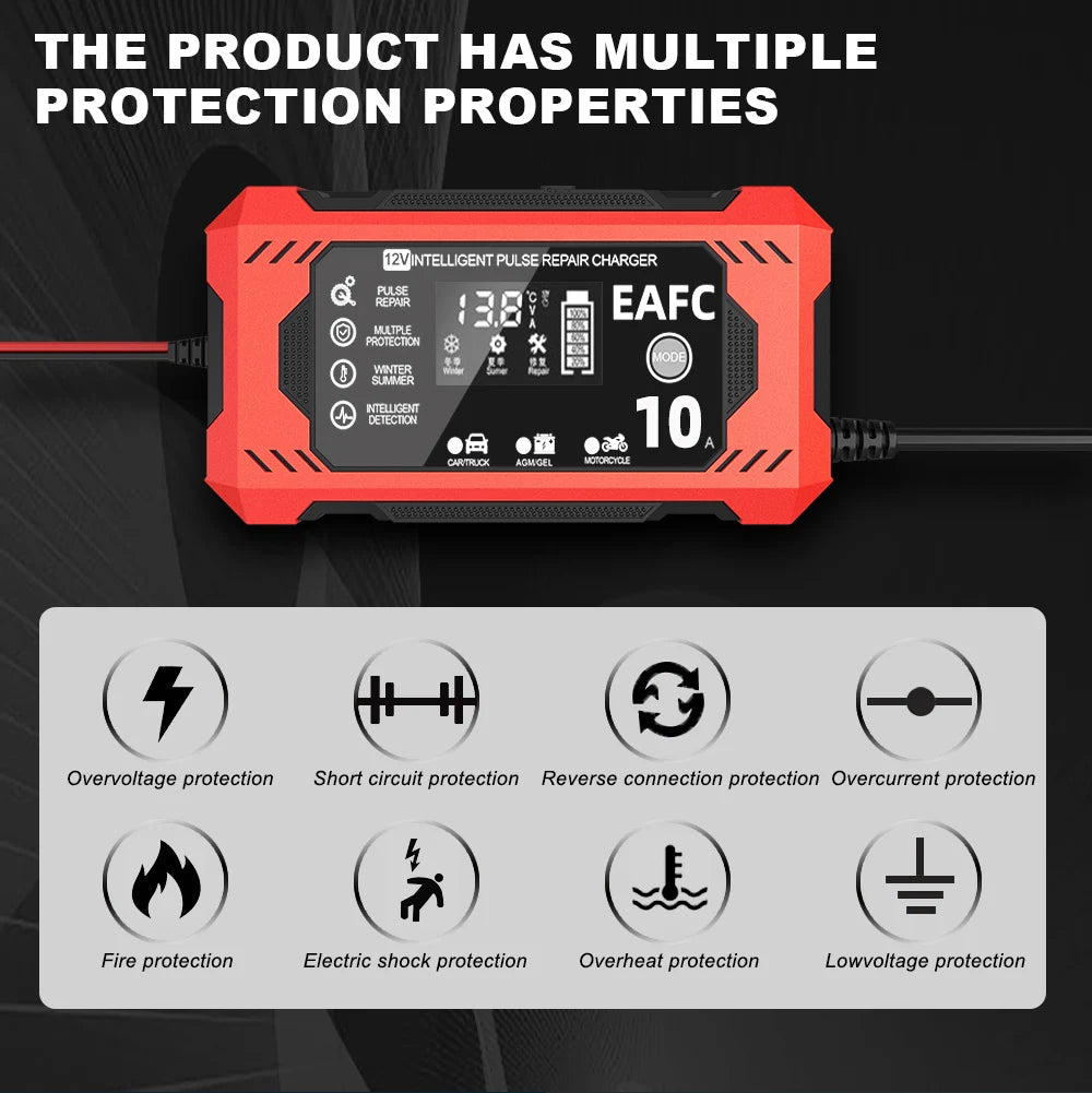 Car Battery Charger 12V 8A 10A Touch Screen Pulse Repair Digital LCD Display Smart Fast Charger for Car Motorcycle
