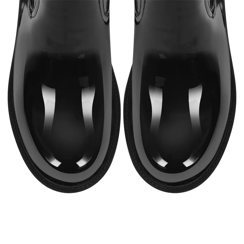 Women Platform Patent Leather Ankle Boots Chunky High Heels Plus Size Black Punk Motorcycle Boots