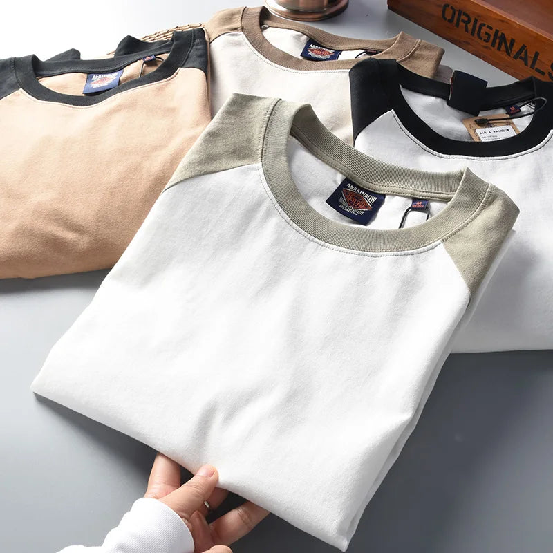 Autumn New American Retro Long Sleeve O-neck Contrast Splicing T-shirt Men's Fashion 100% Cotton Washed Old Casual Sport Tops