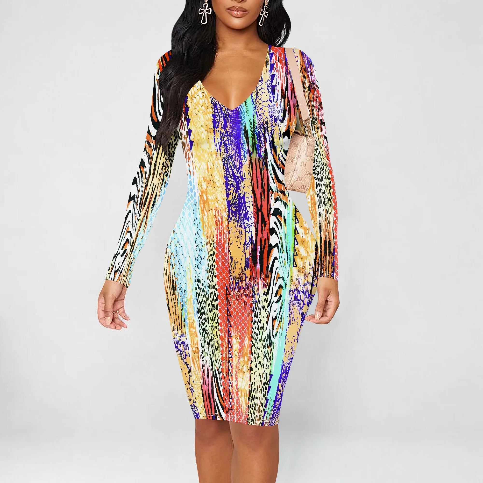 Womens Bodycon White Dark Blue line Flower Print Round Neck Ruffle Ruched Party Knee Length Pencil Dress