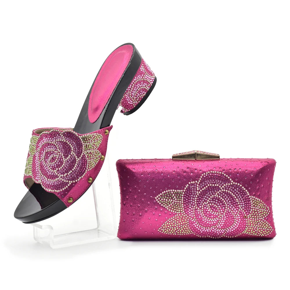 Women's Italian Shoes with Matching Bags Set Decorated with Rhinestone Open Toe Ladies' Slippers Shoes