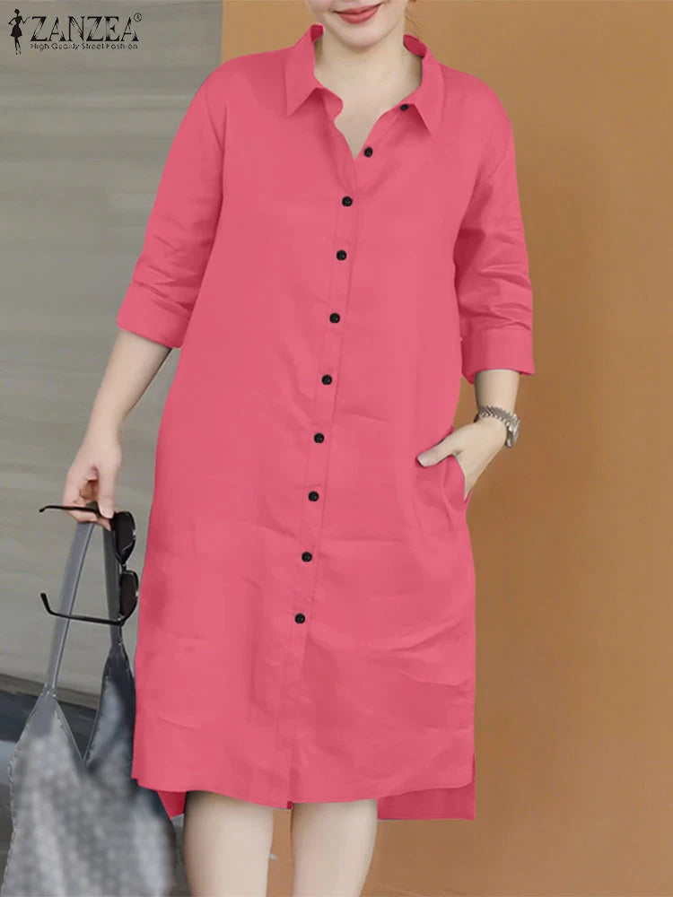 2025 Fashion Autumn Shirt Dress Women Lapel Neck 3/4 Sleeve Sundress Casual Loose OL Work Dresses Button Midi Robe Kaftan