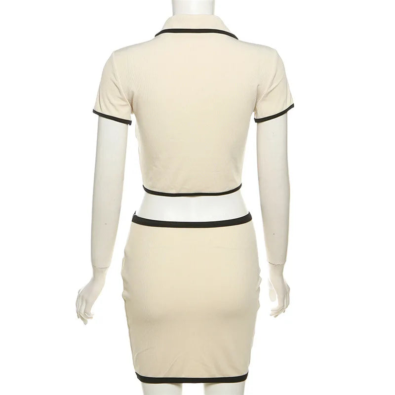 Polo Neck Women 2 Piece Set Ribbed Button Shorts Crop Tops + Mini Skirts Matching Stretch Elegant Streetwear Outfit