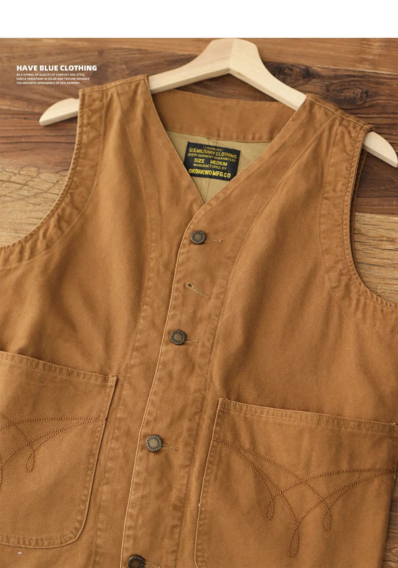 2024 Autumn New American Retro 12OZ Denim Cargo Vest Men's Simple 100% Cotton Washed Old Casual Multi-pocket Waistcoat Jacket