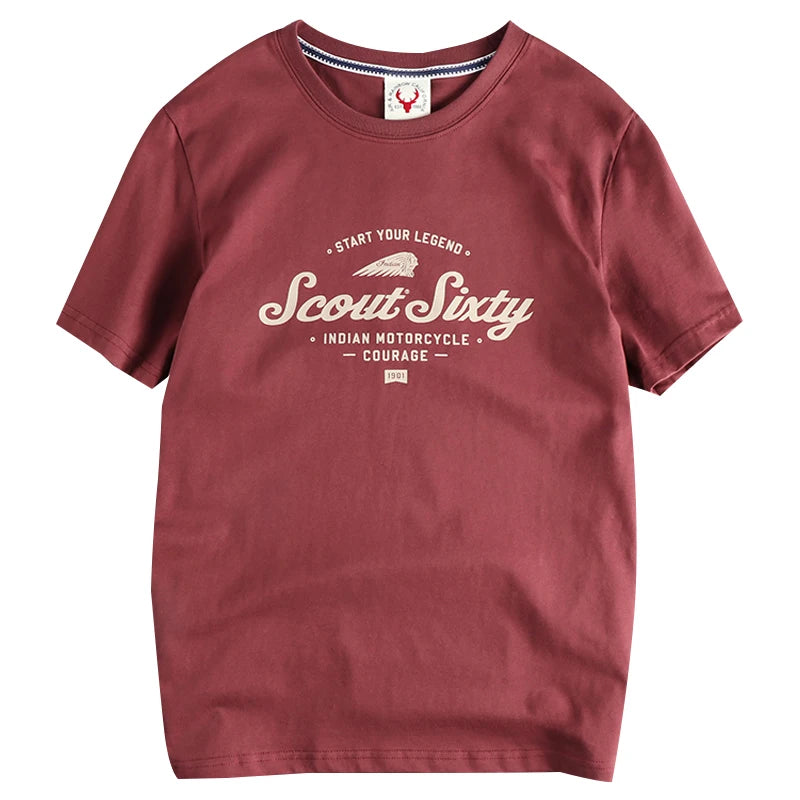 Summer New American Retro Short Sleeve O-neck Indian Letter Printed T-shirt Men's Simple 100% Cotton Washed Casual Youth Tops