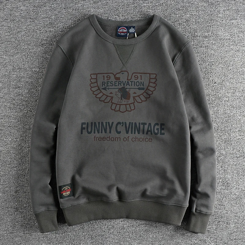 Winter American Retro 420g Thick Velvet Indian Elemet Printed Sweatshirts Men's Simple Washed Youth Casual Pullover Sportwear