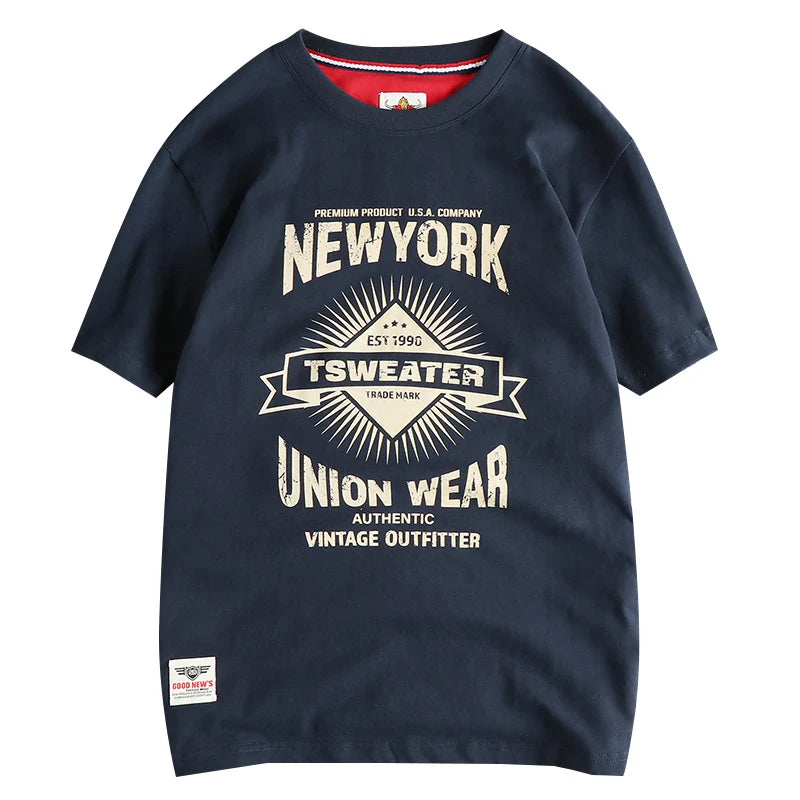 2025 Summer New American Retro Short Sleeve O-neck Letter Printed T-shirt Men's Fashion 100% Cotton Washed Casual Youth Tops