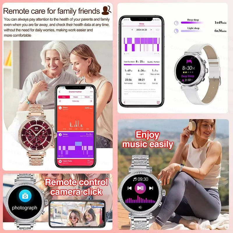 Women Diamond Smart Watch ECG Women Health tracking Watch Full Touch Screen BT Call Custom dial Smartwatch Compatible with Huawei & Xiaomi IOS
