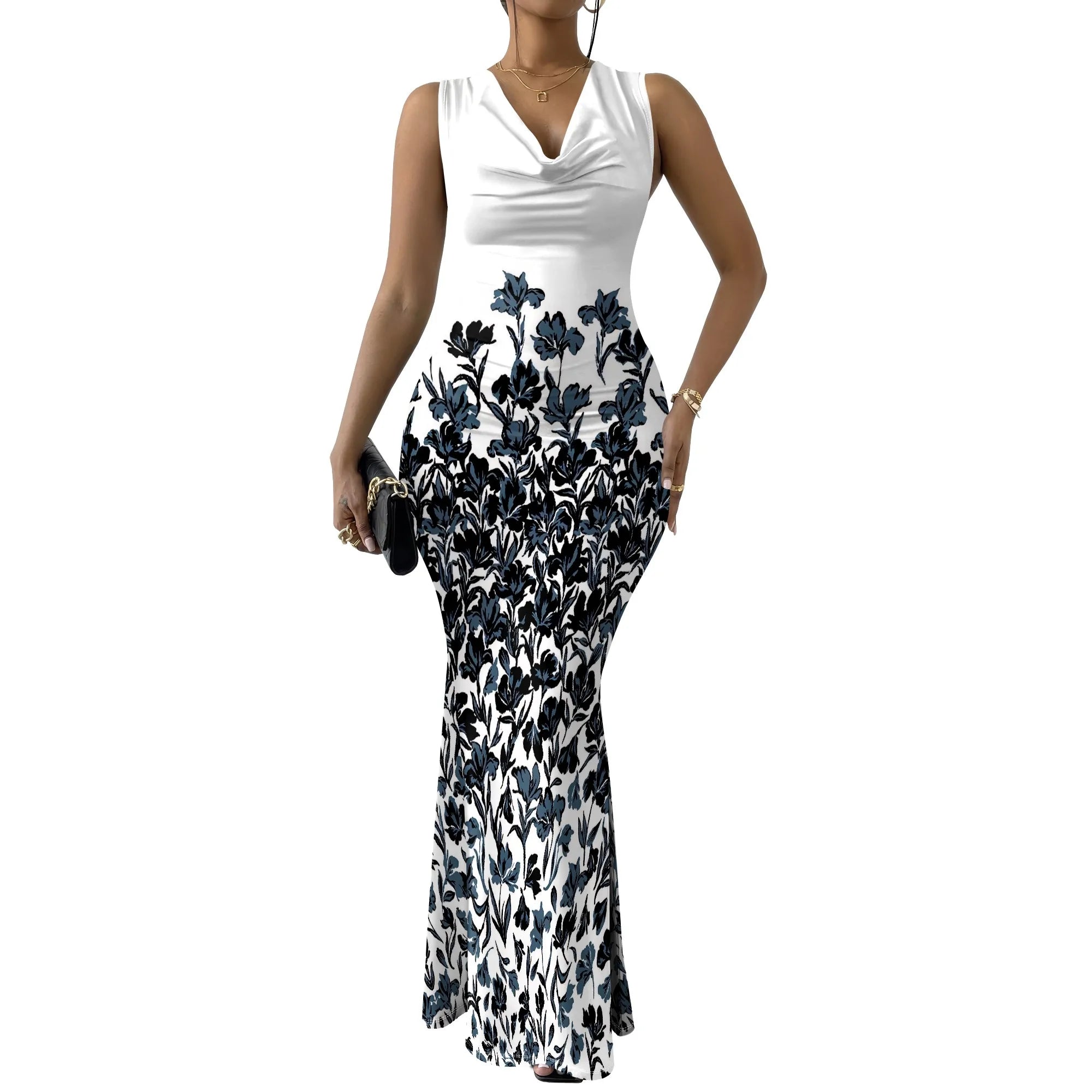 Women's V-Neck Sleeveless Maxi Dress Purple Sketch Floral Print Elegant Bodycon Summer Party Dress