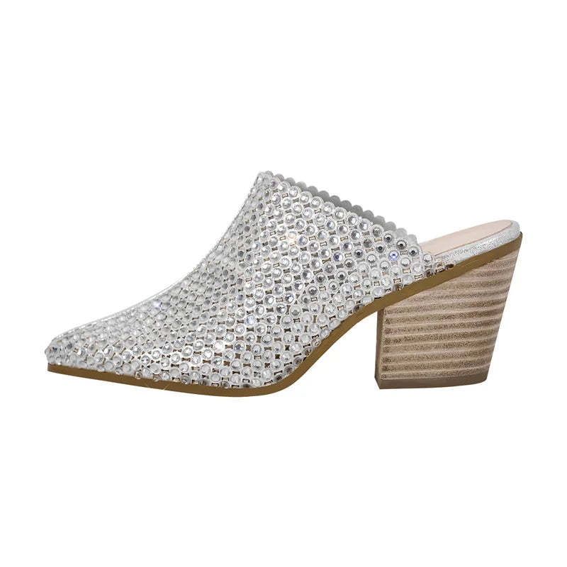 Women Pointed Toe Rhinestone Mules Glitter Bling Shiny Pretty Sparkly Gorgeous Chunky Heel Slip On Summer Slipper
