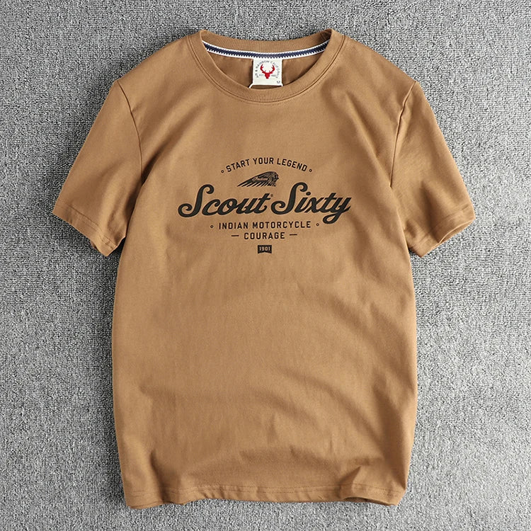 Zomer Nieuw Amerikaans Retro T-shirt met korte mouwen, ronde hals en Indiase letters, eenvoudig, 100% katoen, gewassen, casual, jeugdtops voor heren