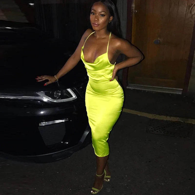 Neon Satin Lace Up Women's Long Midi Dress Light Pink Bodycon Backless Elegant Party Sexy Club Clothes Summer Dinner Outfit
