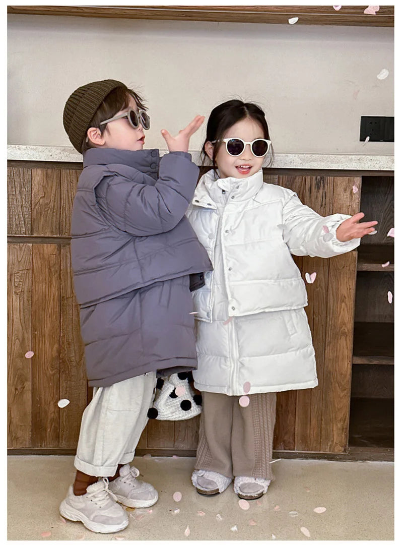 Winter Kids Parkas Thicken Vest And Parkas 2 Pcs Boys Long Parka Cotton Lining Girls Jacket 4-6Y Unisex