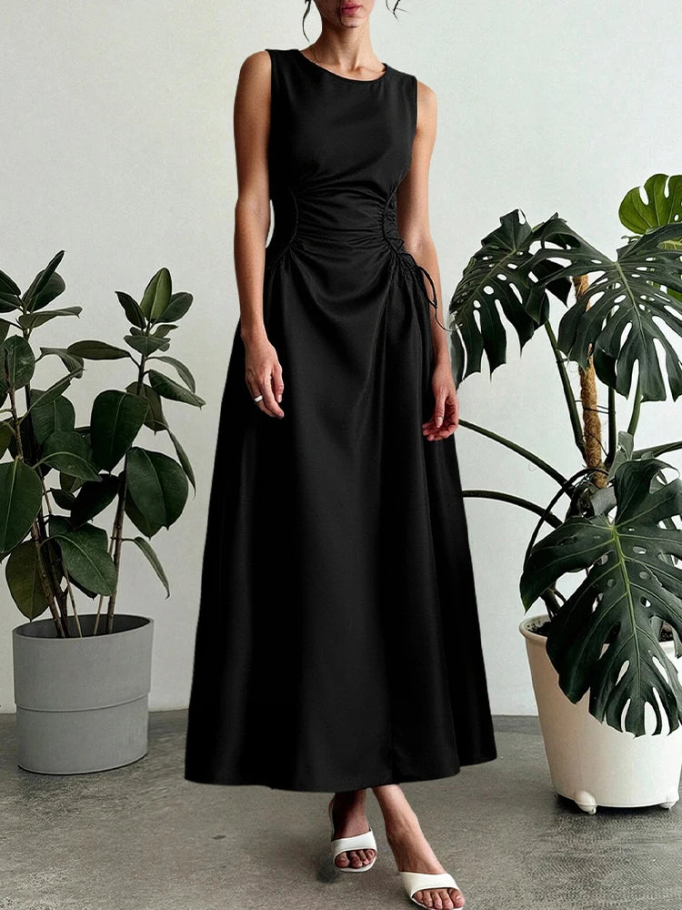 Dresses Spring Summer Fashion Elegant Solid Colour Sleeveless Round-Neck Midi Party Shift Dresses For Women