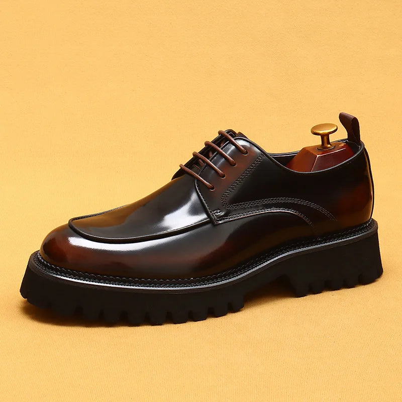 Designer Men's Leather Shoes With Thick Soles Round Toe Glossy Leather Business Dress and Waxed Cowhide Lace-Up British Shoes