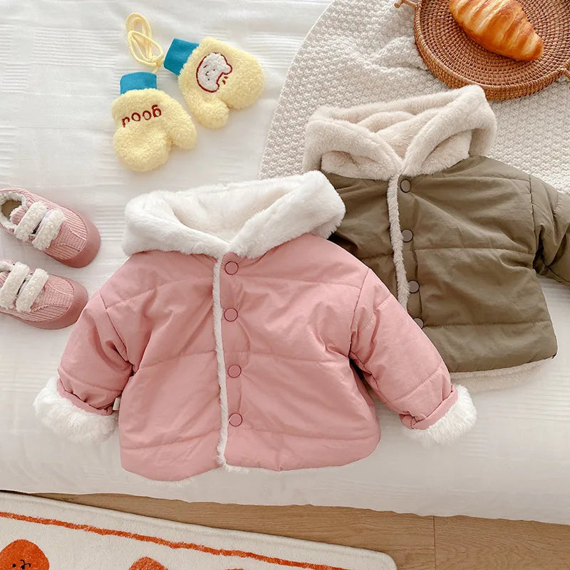 Winter Baby Girls Clothes Fur Lining Hoodie Jacket Cotton Fleece Boys Coat 7-36m Unisex