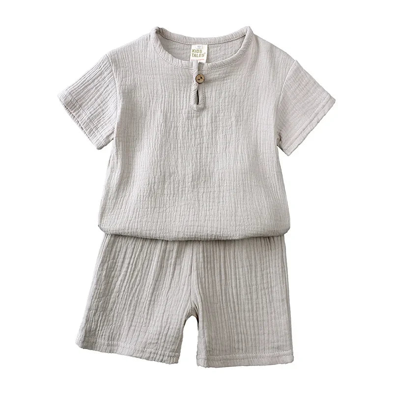 2025 Zomer 100% Katoen Baby Jongen Meisje 2-delige Set Effen Korte Mouw Shirt Casual Peuterpak 1-7T Unisex