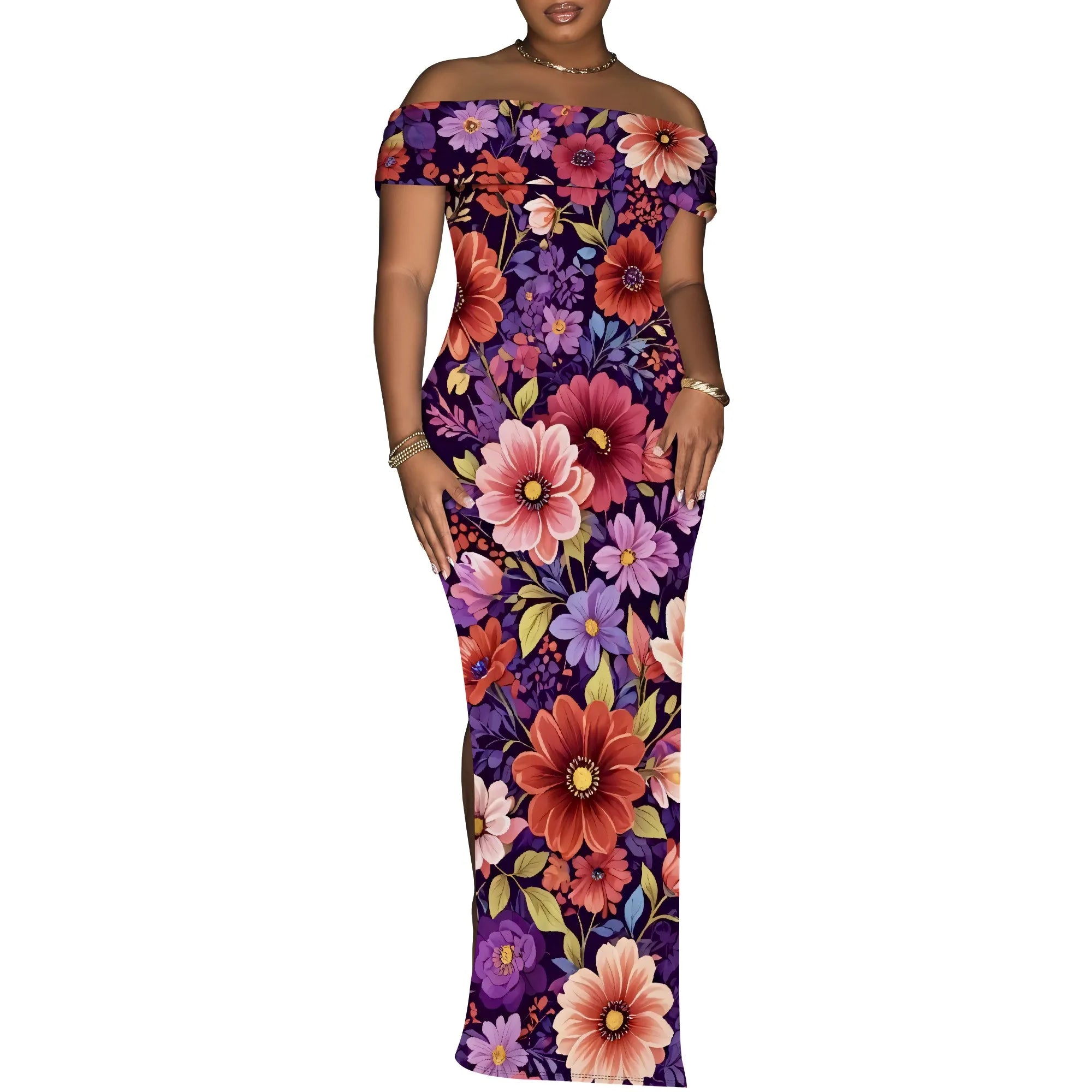 Off Shoulder Bodycon Maxi Dress for Women Floral Print Summer Elegant Party Dress Slim Fit Slit Gown