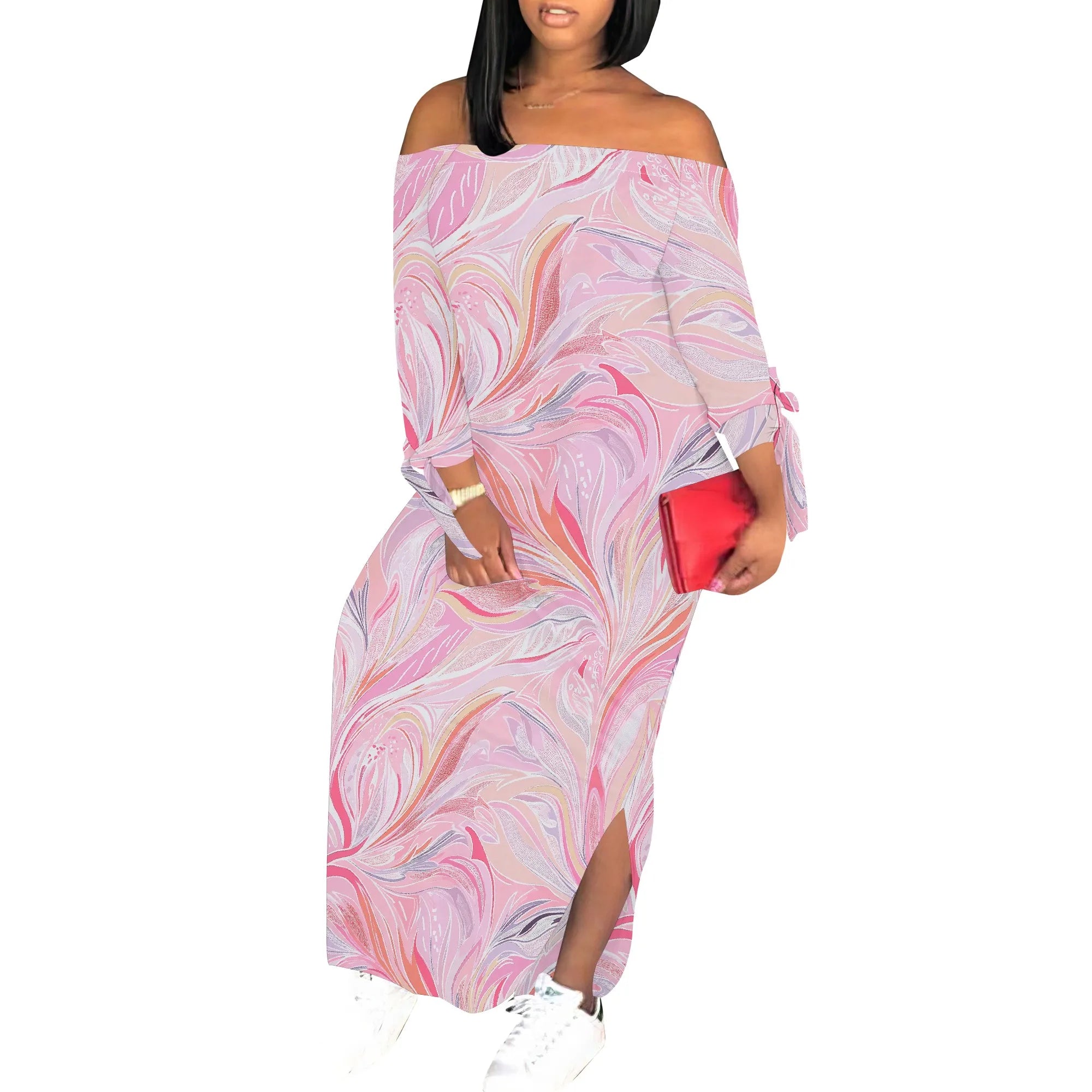 Casual Pink Butterfly Print Maxi Dress Off Shoulder Long Sleeve Bodycon Dress for Women Spring Vacation Style