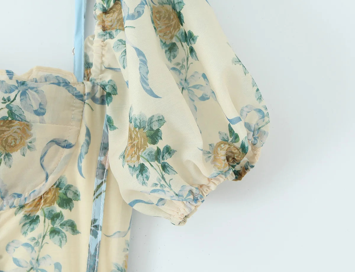 Patchwork Floral Print Boho Summer Dresses Women Vintage Puff Sleeve A-line Midi Chiffon Dress Chic Lady Vacation Robe