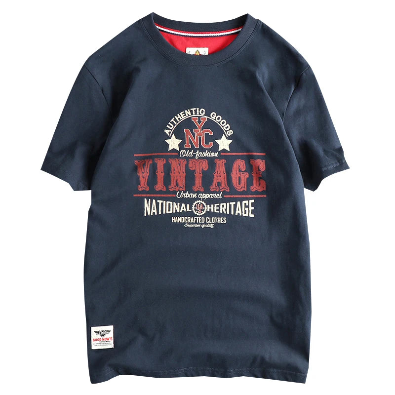 2025 Summer New American Retro Short Sleeve O-neck Letter Printed T-shirt Men's Fashion 100% Cotton Washed Casual Youth Tops