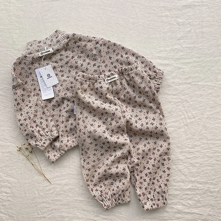 Toddler Kids Clothing 2PCS Set Girls Boys Hoodie Suits Vintage Waffle Casual Style Children's Clothes Outfit 1-5Y Unisex