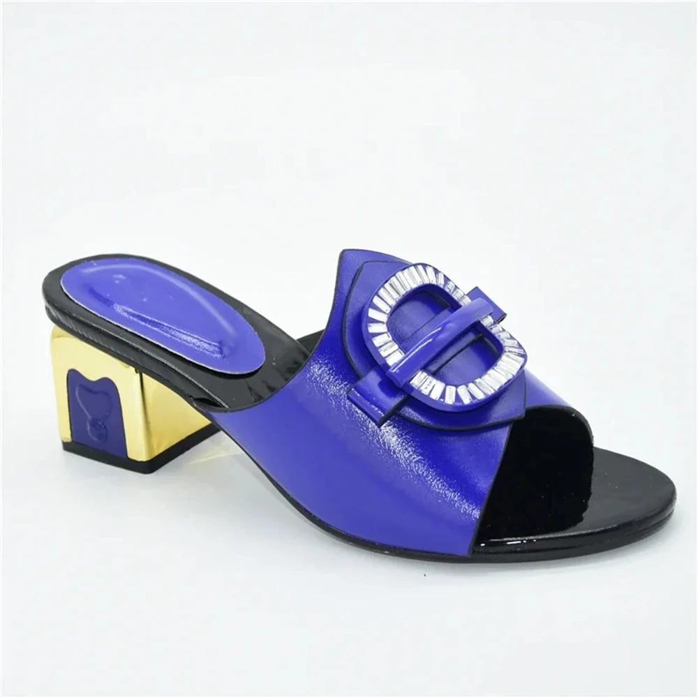 Women's Italian High Heel Slippers Shoes with Metal Trim and Rhinestones for Ladies Suitable for Autumn Wedding