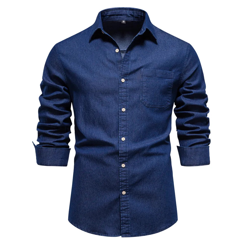 Men's Autumn Cotton Denim Shirt Solid Colour Single Pocket Casual Long Sleeve Jeans Shirt for Men