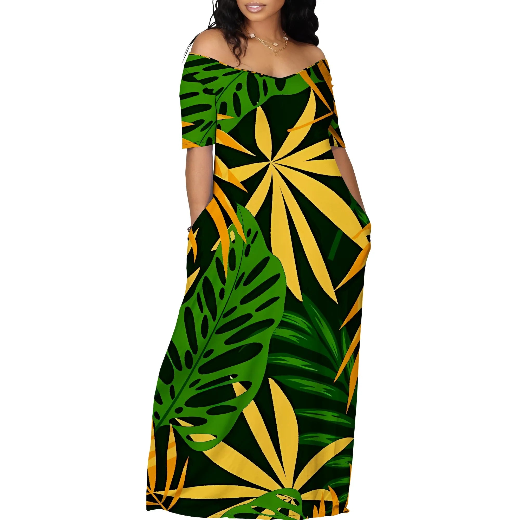 Summer Off Shoulder Maxi Dress Green Yellow Bold Leaf Print Women Holiday Beach Dress