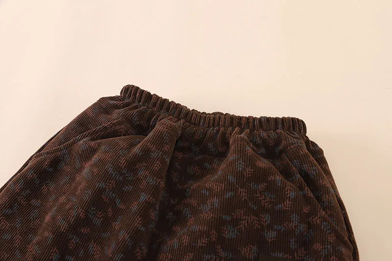 2024 New Children's Pants Girls Wheat Ear Printed Thick Trousers Winter Fur Lining Boys Warm Casual Pants 0-5Y Unisex