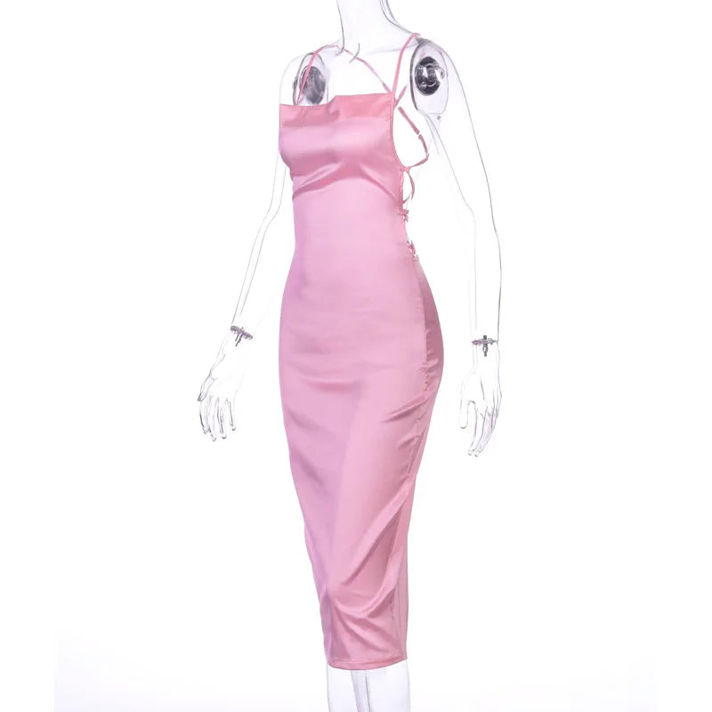 Neon Satin Lace Up Women's Long Midi Dress Light Pink Bodycon Backless Elegant Party Sexy Club Clothes Summer Dinner Outfit