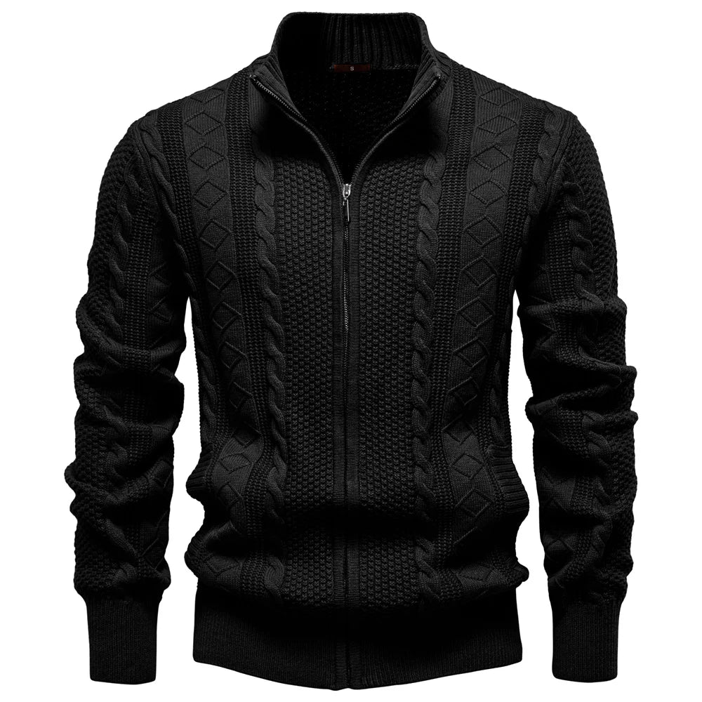 Men's Classic Zip-Up Jacket Cotton Solid Colour Fleece Lined Winter Warm Outdoor Sports Luxury Casual Male Outerwear