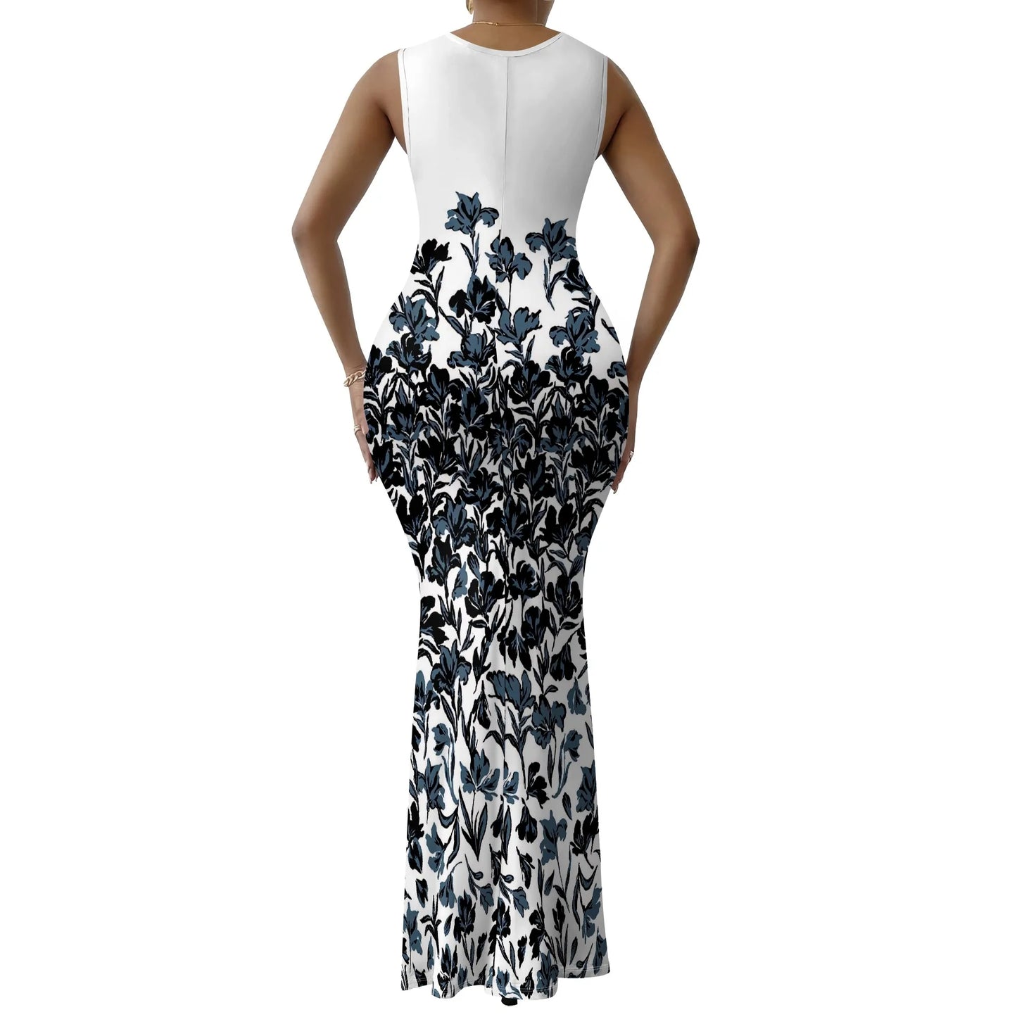 Women's V-Neck Sleeveless Maxi Dress Purple Sketch Floral Print Elegant Bodycon Summer Party Dress
