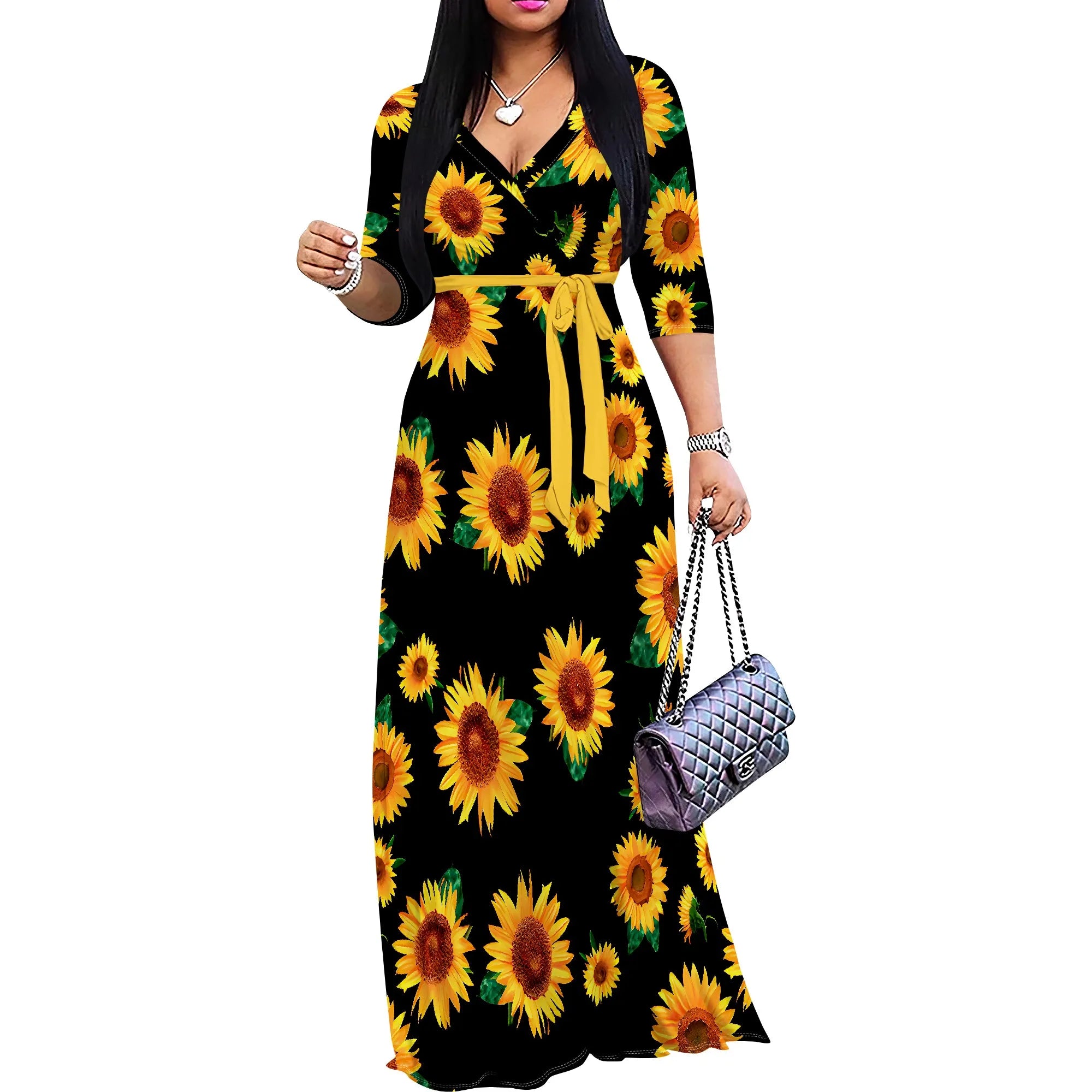 Vacation V-Neck Wrap Dress - Adjustable Tie Waist Floral Midi Dress, Tropical Resort Wear for Women