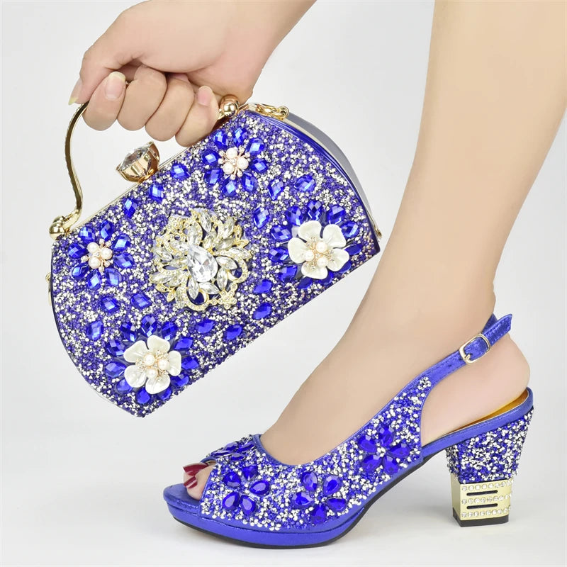Italian Women Wedding Shoes and Bag Set Decorated with Rhinestone Africa Shoe and Bag Set Plus Size Heels 43 Wedding Shoes Bride