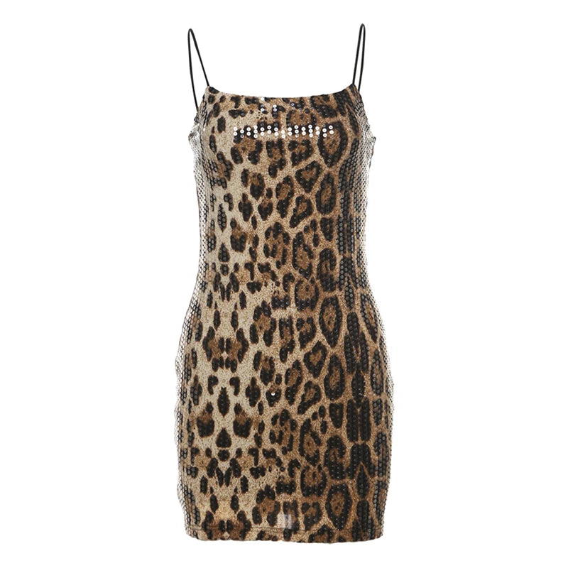 Shine Sequins Dress Women Leopard Print Hipster Backless Skinny Midnight Club Party Sexy Coquette Classic Mini Bodycon