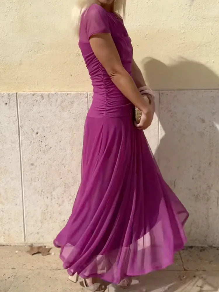 Women Summer Round Neck Loungewear Dress, See Through Solid Mesh Patchwork Elegant Maxi Dress, Short Sleeve Casual Ladies Dress