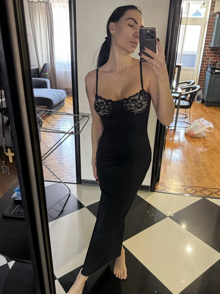 Sexy Camis Dress Women Skinny Patchwork Chest Summer Elegant Skinny Elastic Stretch Maxi Bodycon Clubwear Vestidos