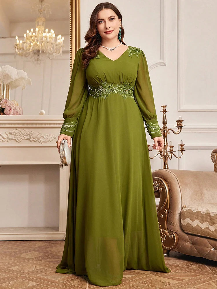 Luxury Elegant Long Sleeve Maxi Dresses Plus Size Women Wife Embroidery Patchwork High Waist Evening Party Dress