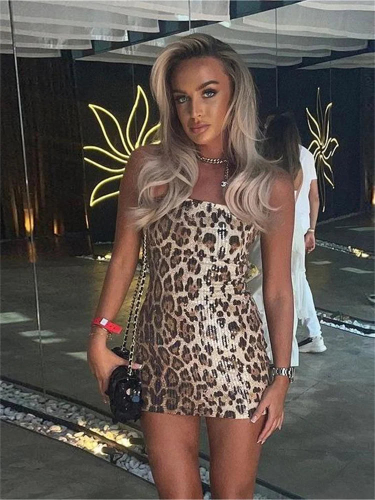 Shine Sequins Dress Women Leopard Print Hipster Backless Skinny Midnight Club Party Sexy Coquette Classic Mini Bodycon