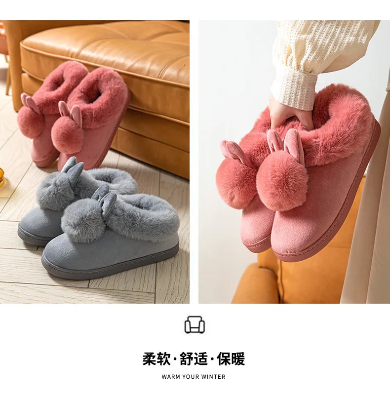 Women's Winter Warm House Fuzzy Slippers Couple Indoor Anti-Skid Plush Lined Bedroom Slides Fluffy Cotton Shoes For Ladies