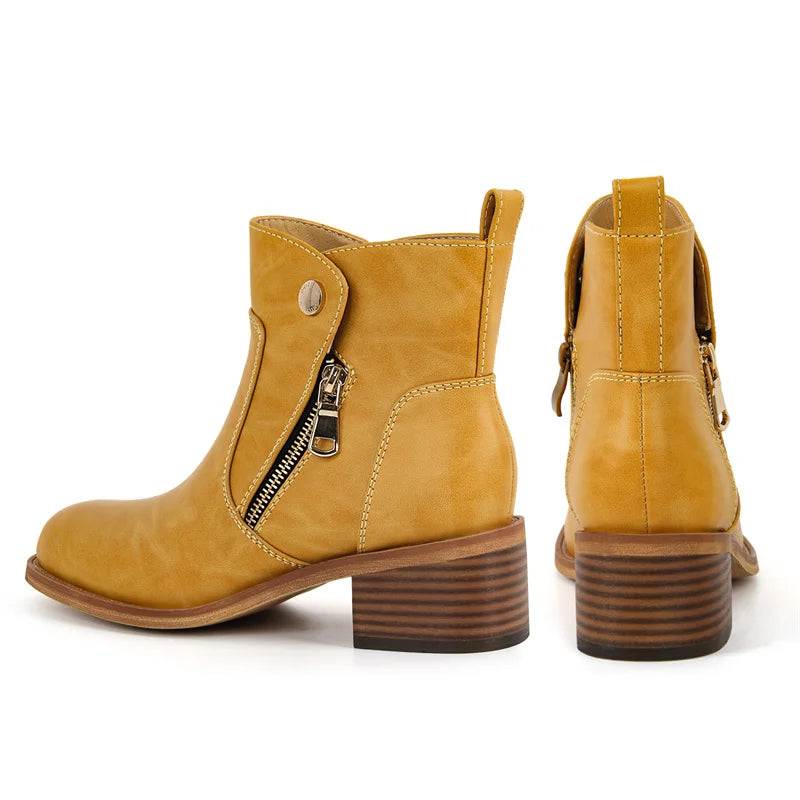 Women Round Toe Side Zipper Ankle Boots Gothic Heeled Conciser Winter Combat Boots