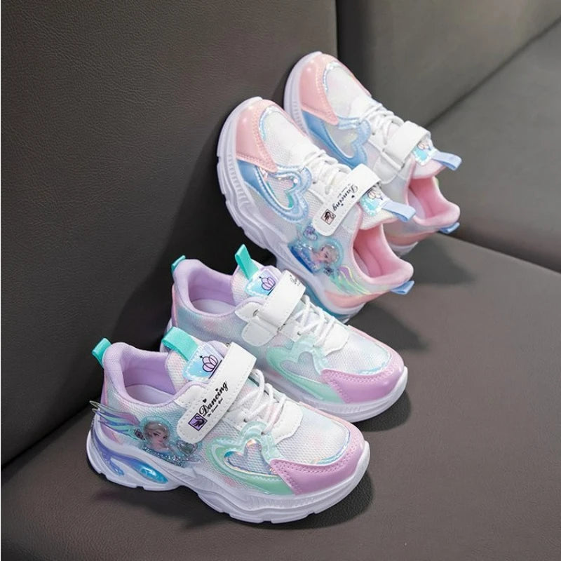 Girls' Casual Shoes Frozen Princess Elsa Sneakers Mesh Leather White Breathable Sole Children's Sport Shoes Size 26-37