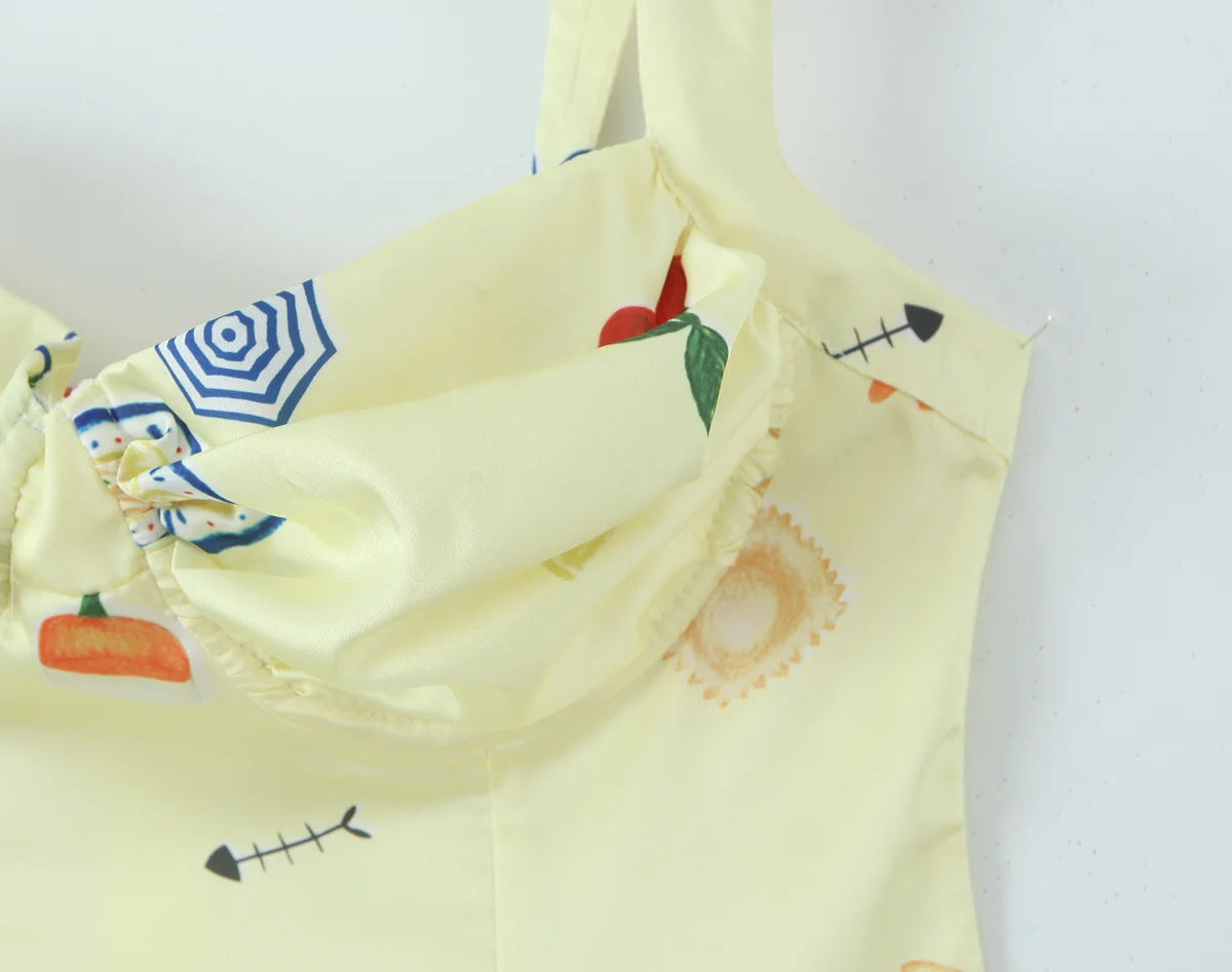 Cute Print Yellow Sexy Corset Style Sling Mini Dresses Women Summer A-line Holiday Dress Backless Robe
