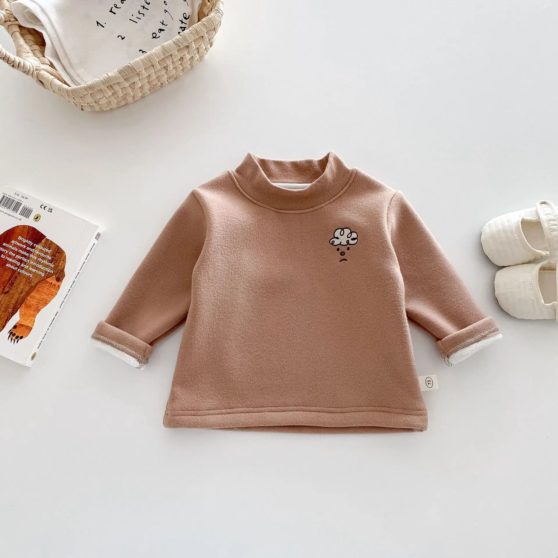 Herfst Kinder Basis Shirt Jongens Halve Turtleneck Warme Onderkant Tops Meisjes Bontvoering Geborduurde Gestreepte Blouse 0-5 Jaar Unisex