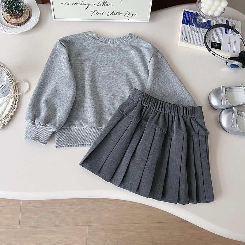 Girls Casual Hoodies Suit Simple Letter Sweatshirt and Pleated Skirt 2PCS Children's Autumn Outfit 2-7Y Girls