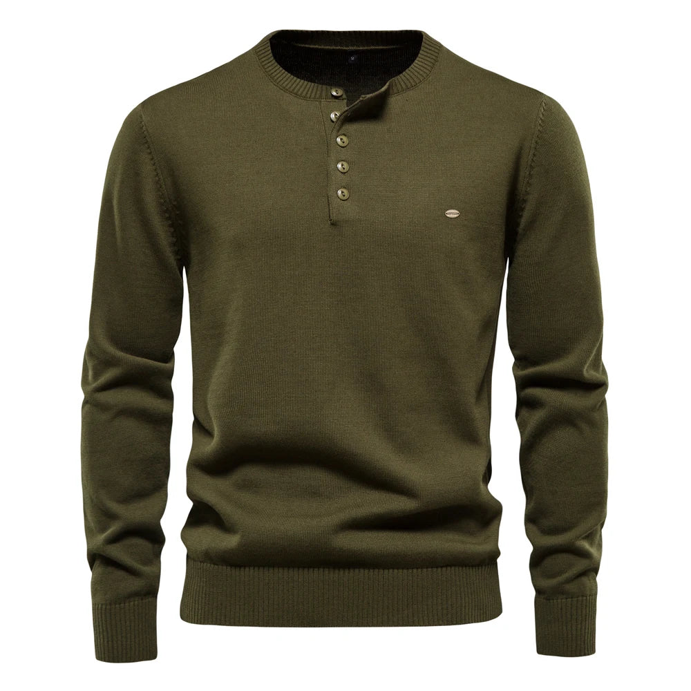 Men's Henley Collar Sweaters 100% Cotton Solid Colour Casual Pullovers Autumn Thin High Quality Sweaters for Men
