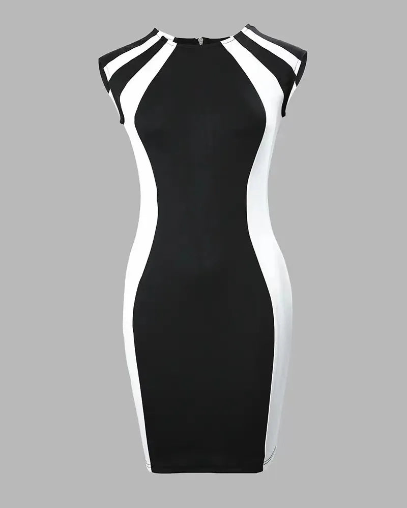 Elegant Women Party Club Dresses Summer Fashion Colorblock Round Neck Bodycon Dress Sleeveless Casual Mini Black Dress